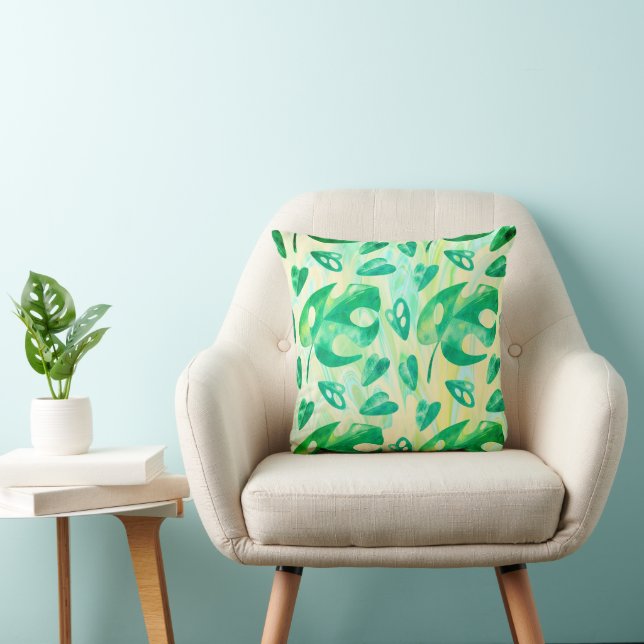 Tropical Green Yellow Monstera Leaf Throw Pillow (Chair)