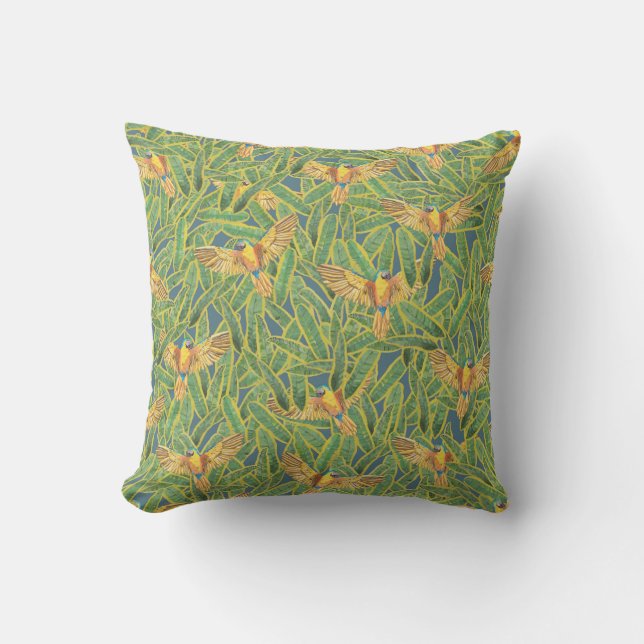 Tropical Green Yellow Orange Leaves Parrot Pattern Outdoor Pillow (Front)