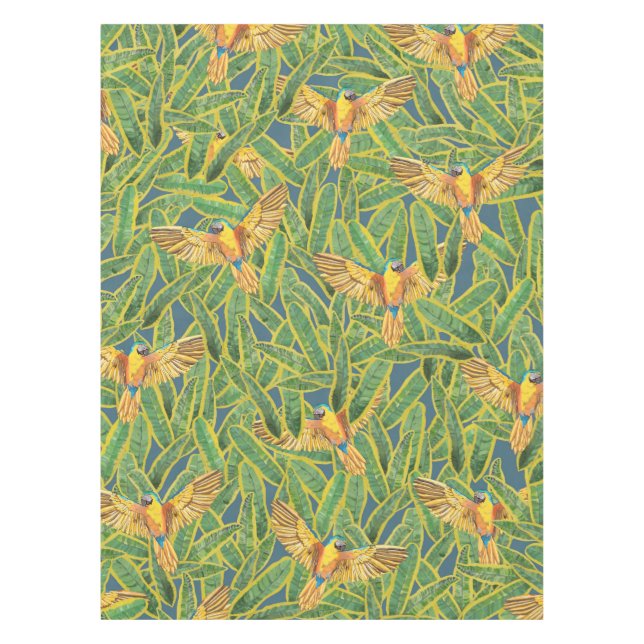 Tropical Green Yellow Orange Leaves Parrot Pattern Tablecloth (Front)