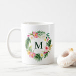 Tropical Greenery and Flowers Wreath Monogram Coffee Mug<br><div class="desc">Tropical theme customizable monogram mug. It features watercolor wreath of tropical flowers such as hibiscus and plumeria with greenery accents. Personalize by adding your monogram. This tropical monogram mug is perfect as a personalized gift.</div>