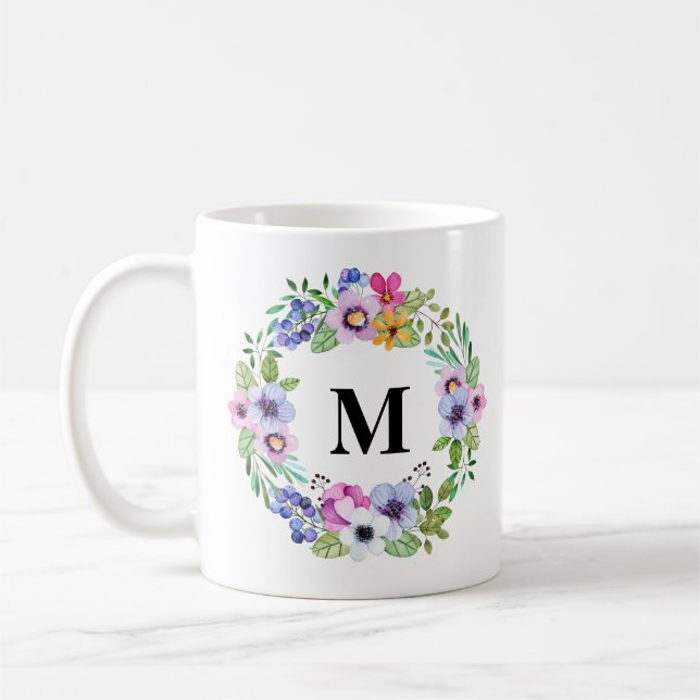 Tropical Greenery and Flowers Wreath Monogram gift Coffee Mug (Left)