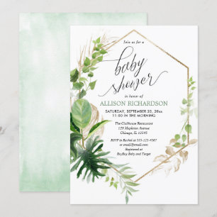 Tropical greenery and gold elegant baby shower invitation