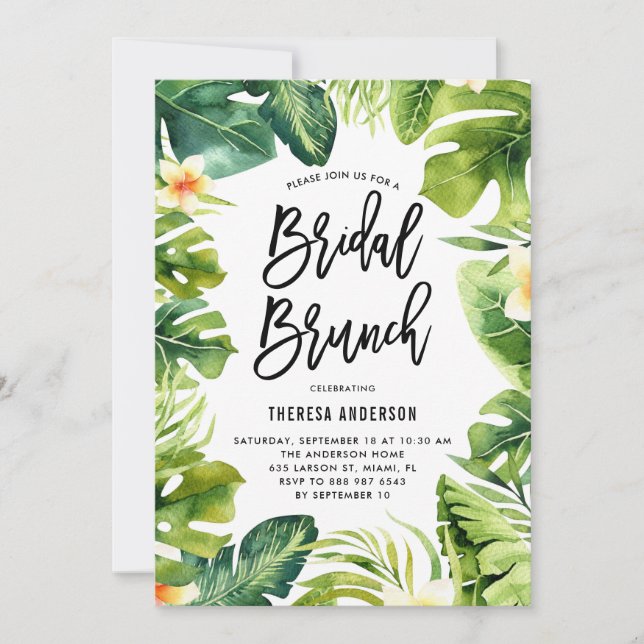 Tropical Greenery and Plumeria Bridal Brunch Invitation (Front)