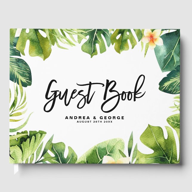 Tropical Greenery and Plumeria Frame Wedding I Guest Book (Front)