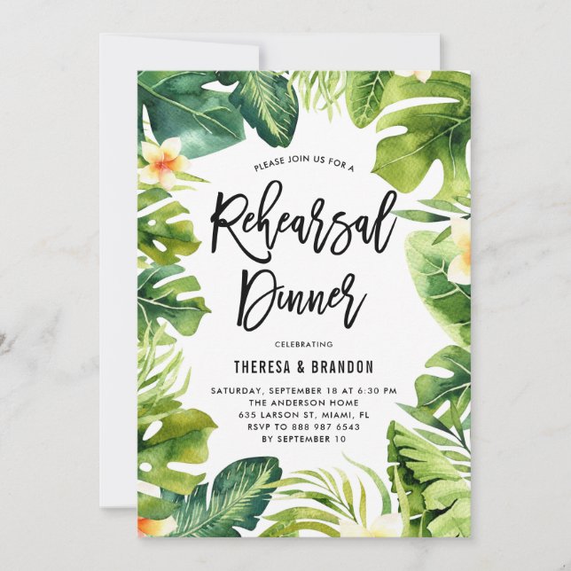 Tropical Greenery and Plumeria Rehearsal Dinner Invitation (Front)