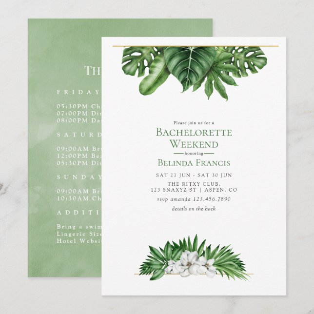 Tropical Greenery Bachelorette Weekend Itinerary Invitation (Front/Back)