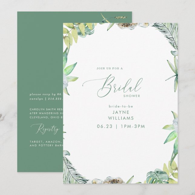Tropical Greenery Beach Green Bridal Shower Invitation (Front/Back)