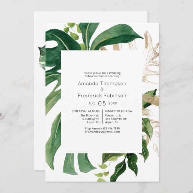 Tropical Greenery Beach Wedding Rehearsal Dinner Invitation (Front/Back)