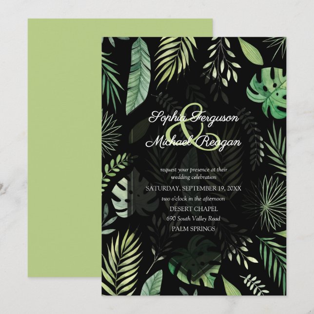 Tropical Greenery Botanical Black Wedding Invites (Front/Back)