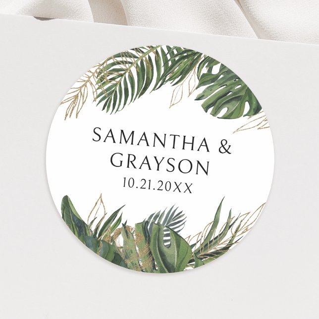 Tropical Greenery Botanical Summer Boho Wedding Classic Round Sticker (Creator Uploaded)