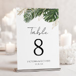 Tropical Greenery Botanical Summer Boho Wedding Table Number<br><div class="desc">Direct your guests with tropical sophistication using this captivating custom table number design. Vibrant green leaves and shimmering gold outlines elegantly crown a crisp white background, creating a chic and natural focal point for your tables. This exquisite botanical artistry adds a touch of modern luxury, beautifully enhancing your reception ambiance....</div>