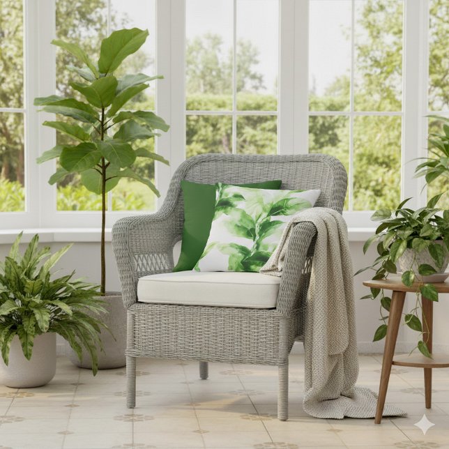 Tropical Greenery Botanical Watercolor Leaf Throw Pillow (Green and white bright leafy cushion.)