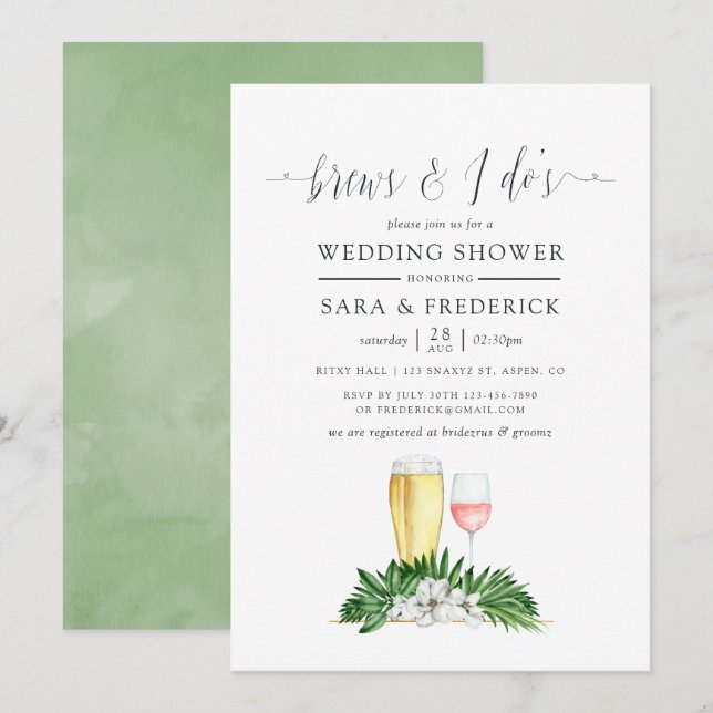 Tropical Greenery Brews Before The I Dos Invitation (Front/Back)