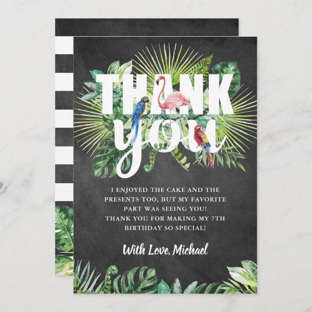 Tropical Greenery Flamingo Black White Chalkboard Thank You Card (Front/Back)