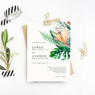 Tropical Greenery Flowers Modern Minimal Wedding Invitation