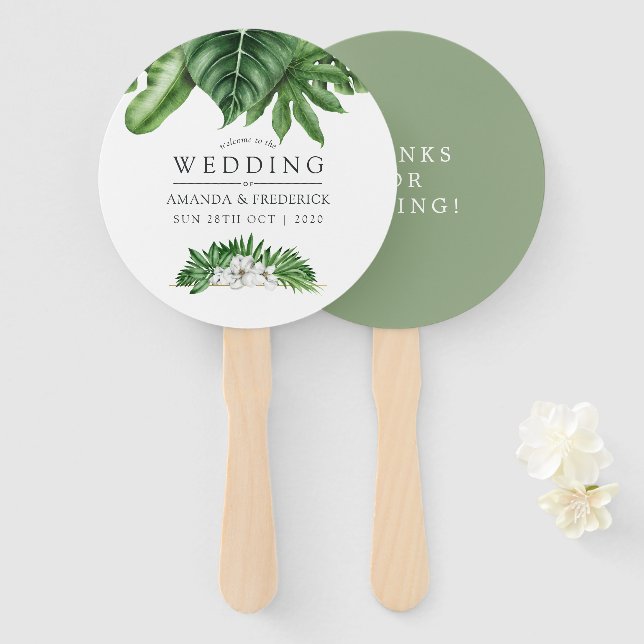 Tropical Greenery Foliage Wedding Favour Hand Fan (Front and Back)