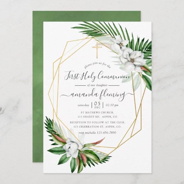 Tropical Greenery Geometric First Holy Communion Invitation (Front/Back)