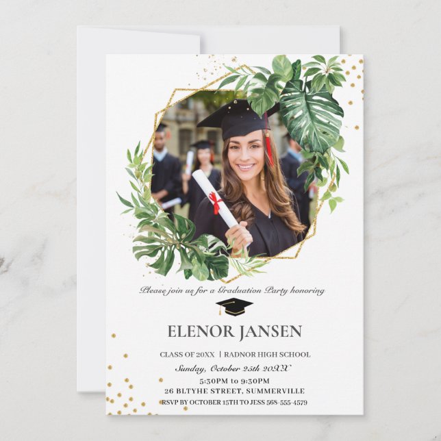 Tropical Greenery Geometric Gold Graduation Photo Invitation (Front)