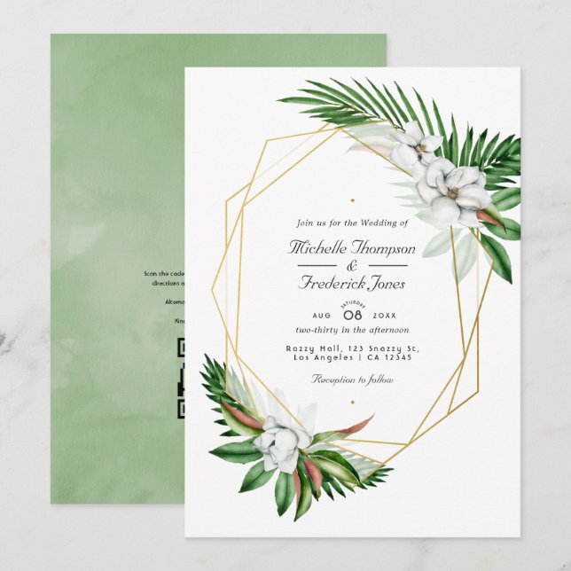 Tropical Greenery Geometric QR Code RSVP Wedding Invitation (Front/Back)
