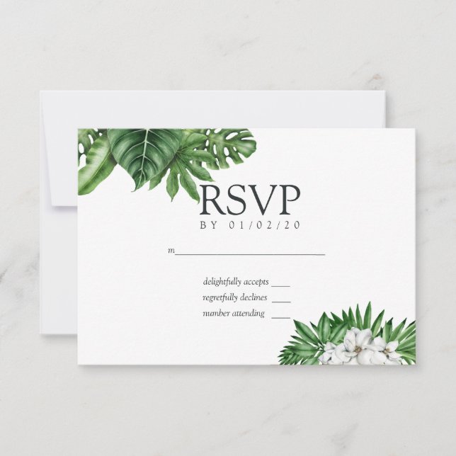 Tropical Greenery Geometric Wedding RSVP Card (Front)