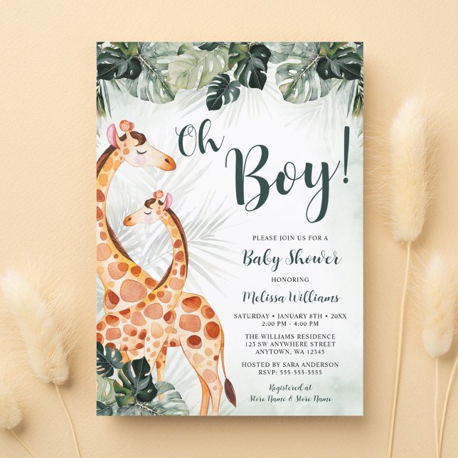 Tropical Greenery Giraffe Oh Boy Baby Shower Invitation (Creator Uploaded)