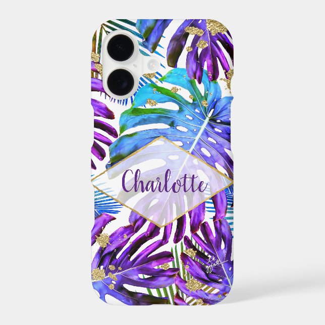 Tropical Greenery Glitter Purple Leaf Pattern Name (Back)
