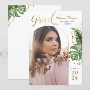 Tropical Greenery Gold Arch Photo Graduation Announcement