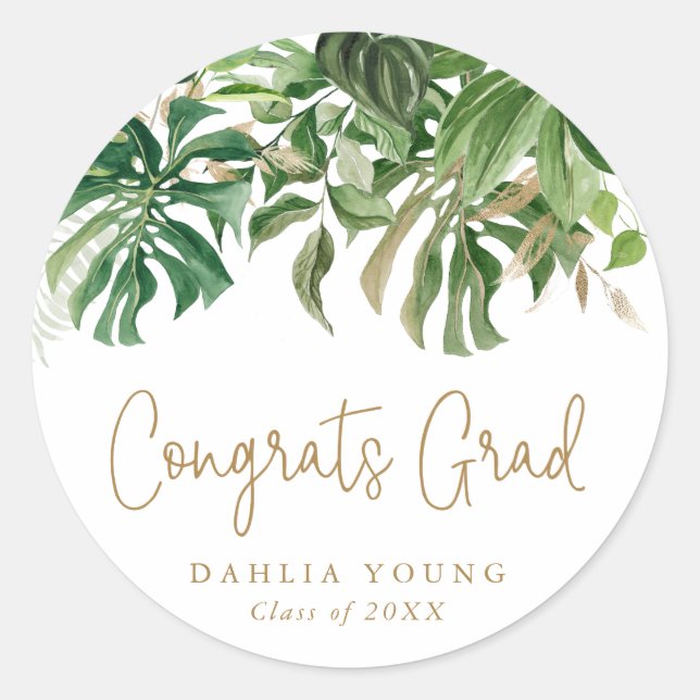 Tropical Greenery Gold Congrats Grad Graduation Classic Round Sticker (Front)