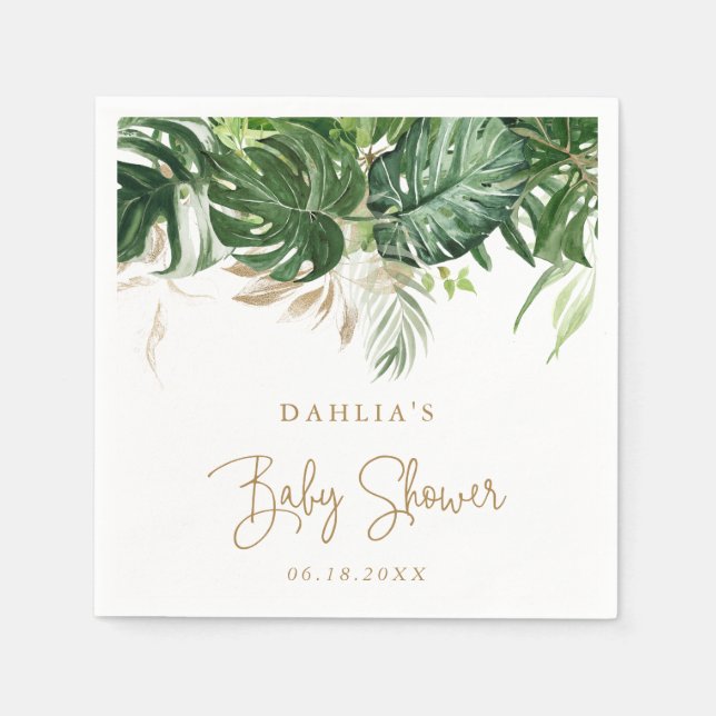 Tropical Greenery Gold Gender Neutral Baby Shower Napkin (Front)