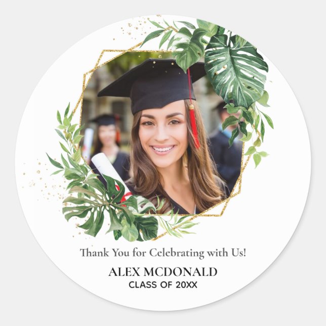Tropical Greenery Gold Geometric Graduation Favour Classic Round Sticker (Front)