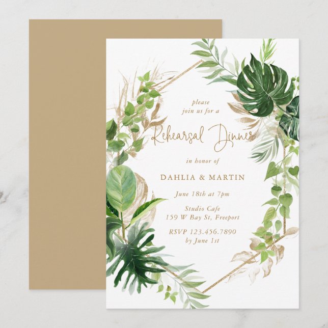 Tropical Greenery Gold Geometric Rehearsal Dinner Invitation (Front/Back)