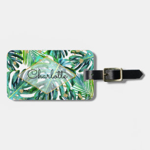 Tropical Greenery Gold Glitter Palm Leaf Pattern Luggage Tag