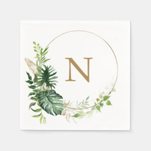 Tropical Greenery Gold Monogram Wedding Napkin