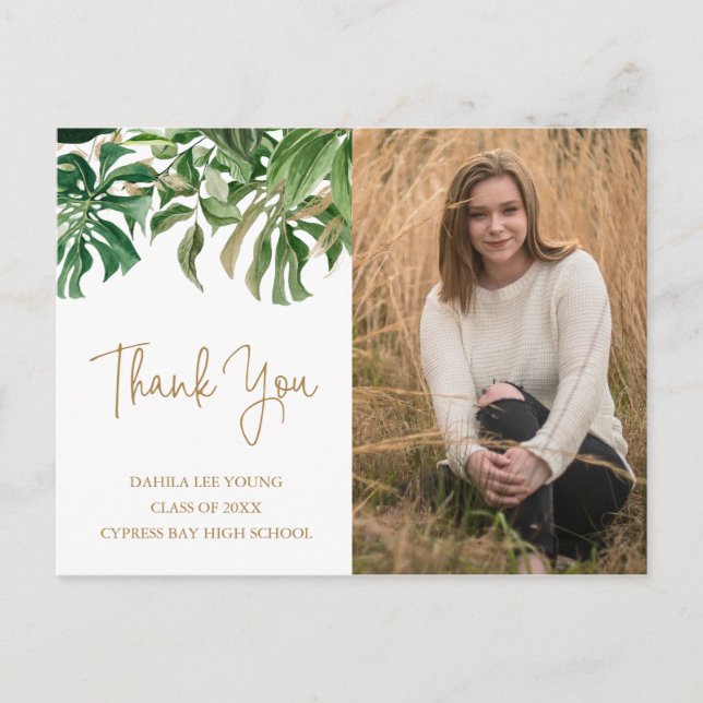 Tropical Greenery Gold Photo Graduation Thank You Postcard (Front)