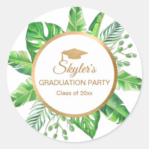 Tropical Greenery Gold Themed Graduation Party Classic Round Sticker