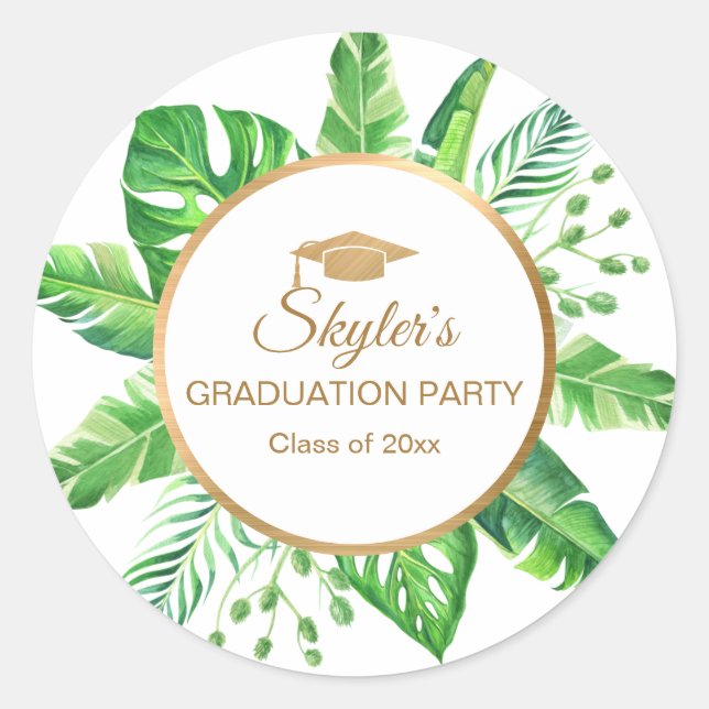 Tropical Greenery Gold Themed Graduation Party Classic Round Sticker (Front)