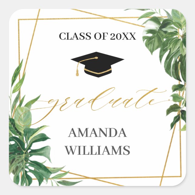 Tropical Greenery Graduation Gold Geometric Favour Square Sticker (Front)