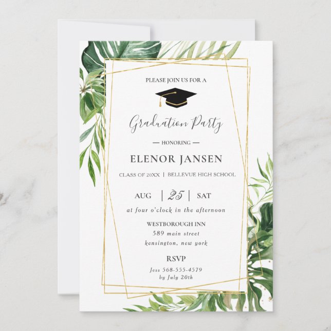 Tropical Greenery Leafy Gold Geometric Graduation Invitation (Front)