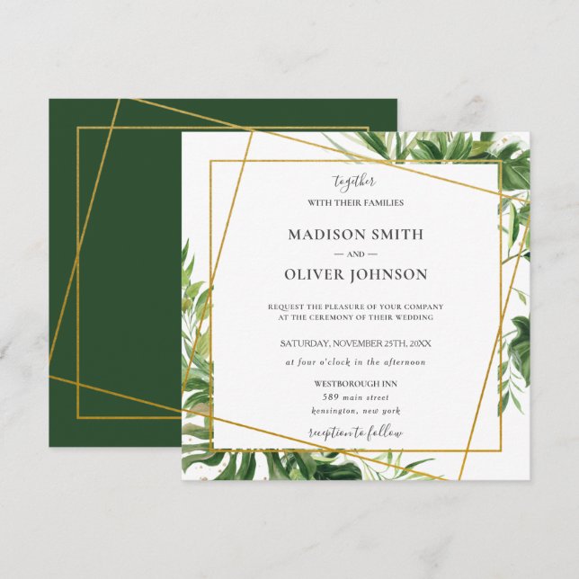 Tropical Greenery Leafy Gold Geometric Wedding  Invitation (Front/Back)