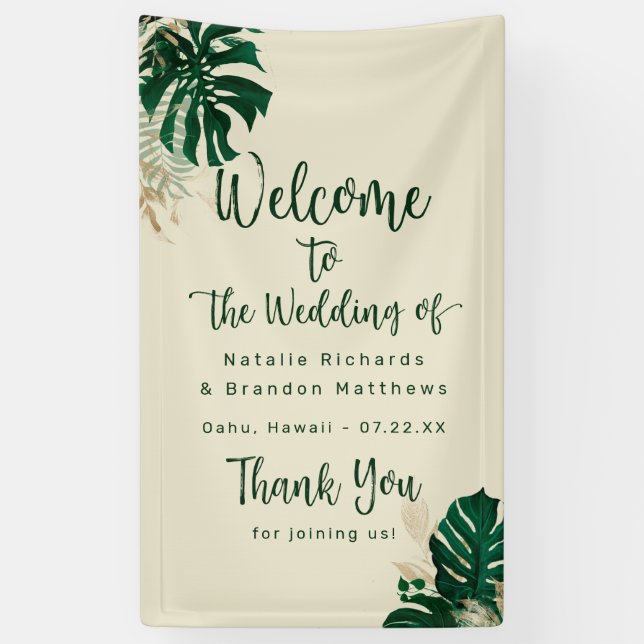 Tropical Greenery & Leaves Chic Wedding Welcome Banner (Vertical)