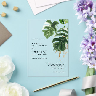 Tropical Greenery Leaves Modern Minimal Wedding Acrylic Invitations