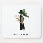 Tropical Greenery Letter I Monogram Personalized Mouse Pad<br><div class="desc">Customizable letter I monogram mousepad featuring watercolor tropical rubber plant leaf,  faux gold foil leaf and black watercolor brush accents. Personalize this tropical monogram mousepad by your name or other details. This boho letter I monogram mousepad will be perfect as a gift. Other letters are available.</div>