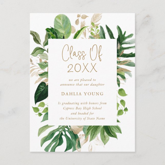 Tropical Greenery Modern Graduation Announcement Postcard (Front)