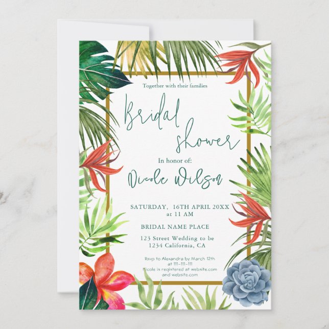 Tropical greenery palm gold script bridal shower invitation (Front)
