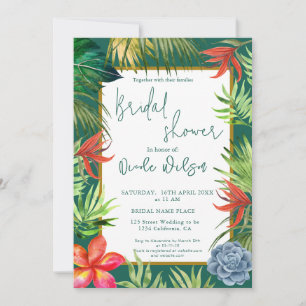 Tropical greenery palm gold script bridal shower invitation