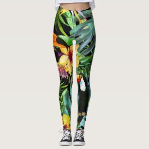 Tropical Greenery Palm Leaves Floral Toucan Modern Leggings