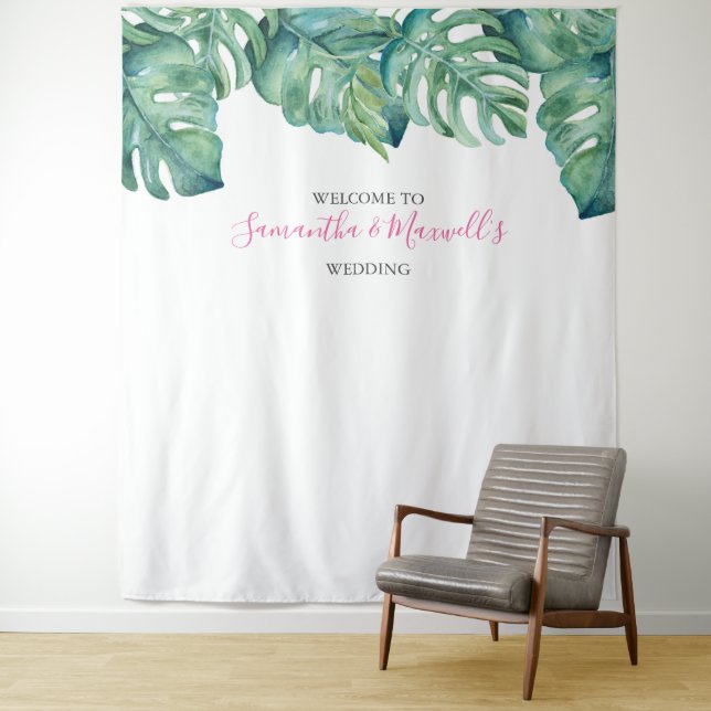 Tropical Greenery Palm Leaves Photo Booth Backdrop Tapestry (In Situ)