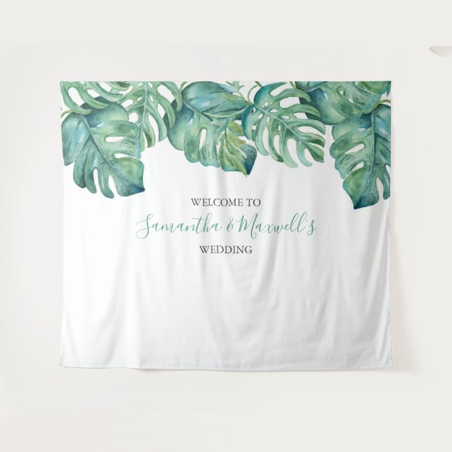Tropical Greenery Palm Leaves Photo Booth Backdrop Tapestry (Front (Horizontal))