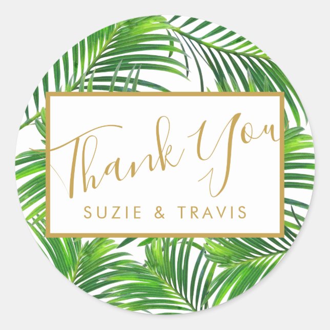 Tropical Greenery Palm Leaves Thank You Favour Classic Round Sticker (Front)