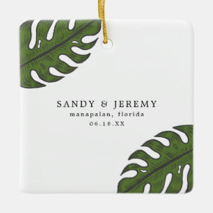 Tropical Greenery Palm Leaves Wedding Photo Ceramic Ornament